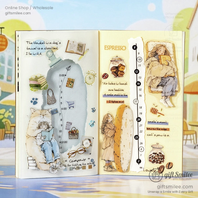 A detailed journal layout with clear stickers of cozy scenes, coffee themes, and cute animals for planners