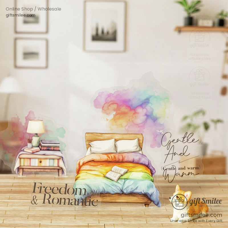 Watercolor bedroom corner sticker with rainbow bedding and cozy details