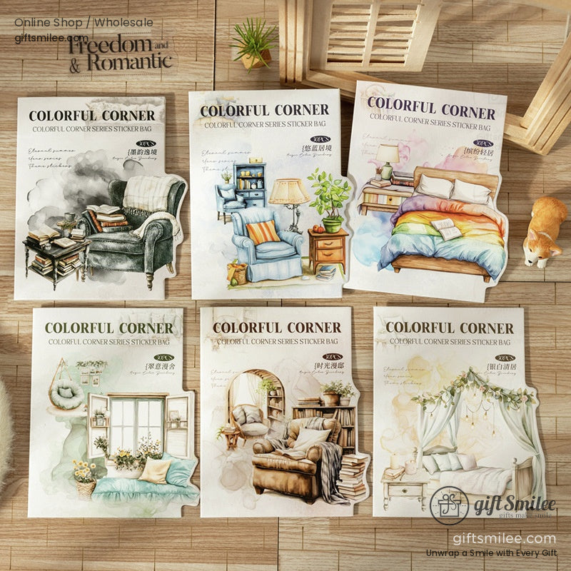 Watercolor bedroom corner sticker with rainbow bedding and cozy details