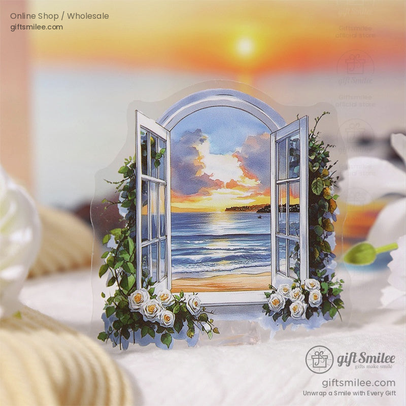 Scenic transparent sticker featuring a window overlooking a peaceful ocean sunset with white roses
