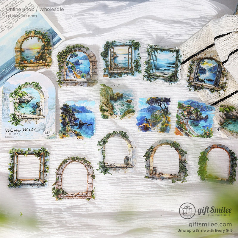 Scenic transparent sticker featuring a window overlooking a peaceful ocean sunset with white roses