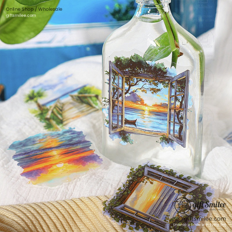 Transparent sticker with a window design, displaying a serene seaside sunrise