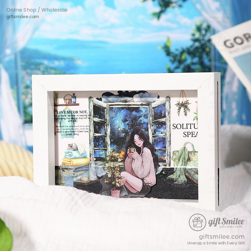 Framed sticker art of a woman by a window, enjoying a starlit sky and cozy ambiance