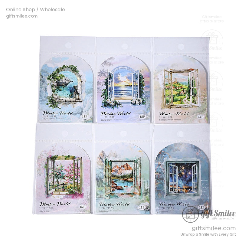 Packaging of the Window World sticker set, featuring multiple windows with scenic designs