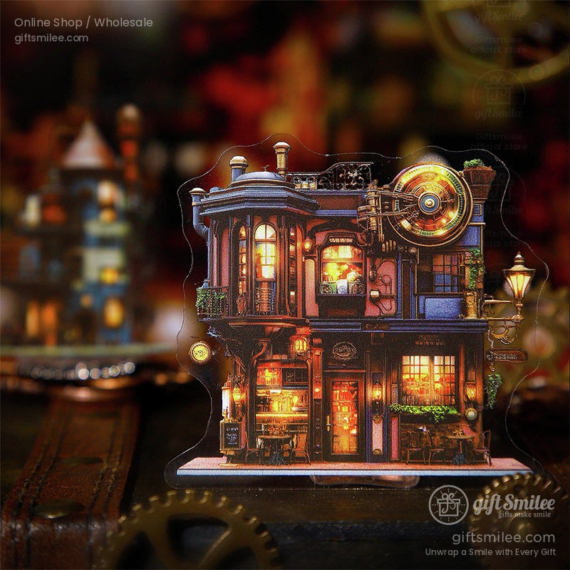 A whimsical steampunk miniature town featuring glowing lights and intricate clockwork details