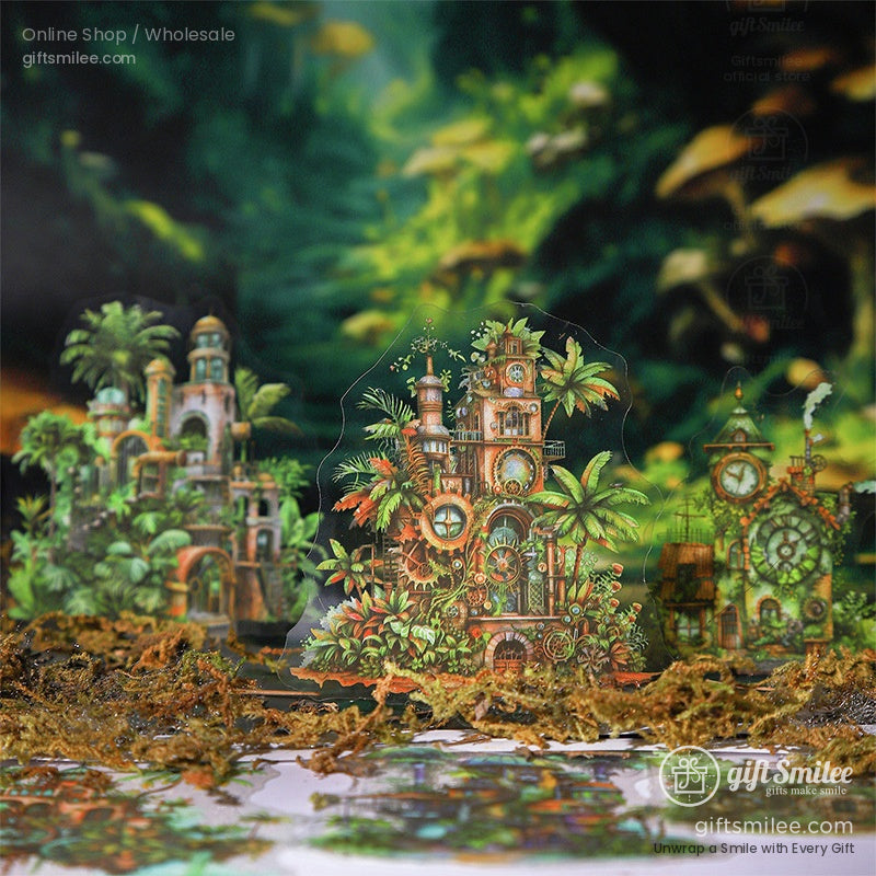 A whimsical steampunk miniature town featuring glowing lights and intricate clockwork details