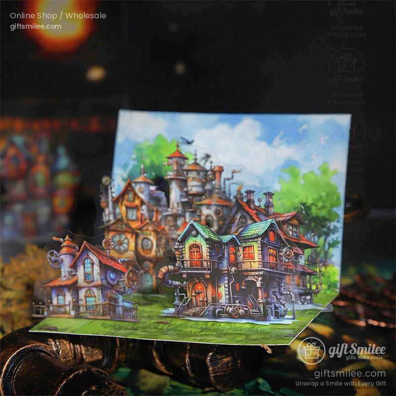 A vibrant steampunk village with colorful rooftops and industrial charm