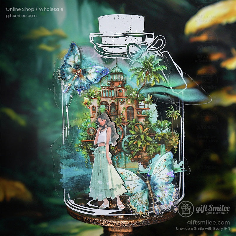 A magical jar scene with a steampunk town, butterflies, and a dreamy character