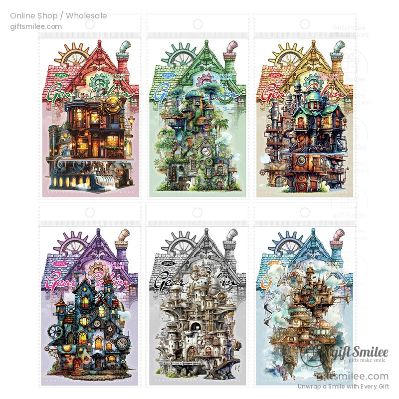 A collection of steampunk-themed sticker illustrations with vintage-style designs