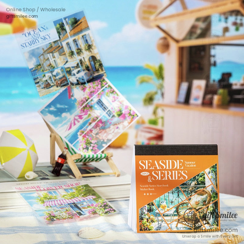 Coastal art sticker book displayed on a beach-themed table with vibrant seaside illustrations