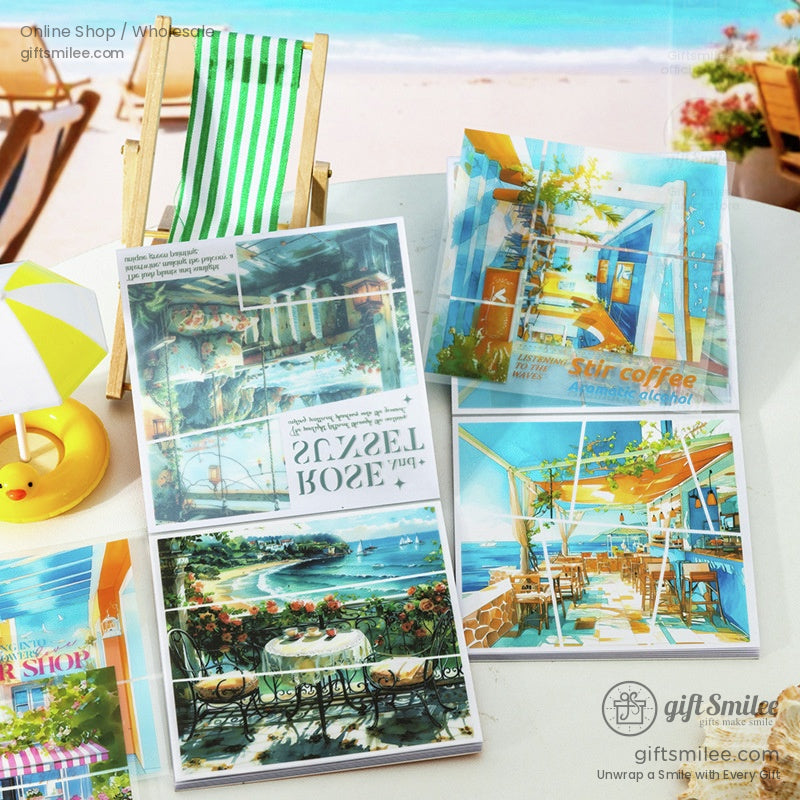 Seaside cafe stickers with ocean views and summer vibes displayed near a beach chair