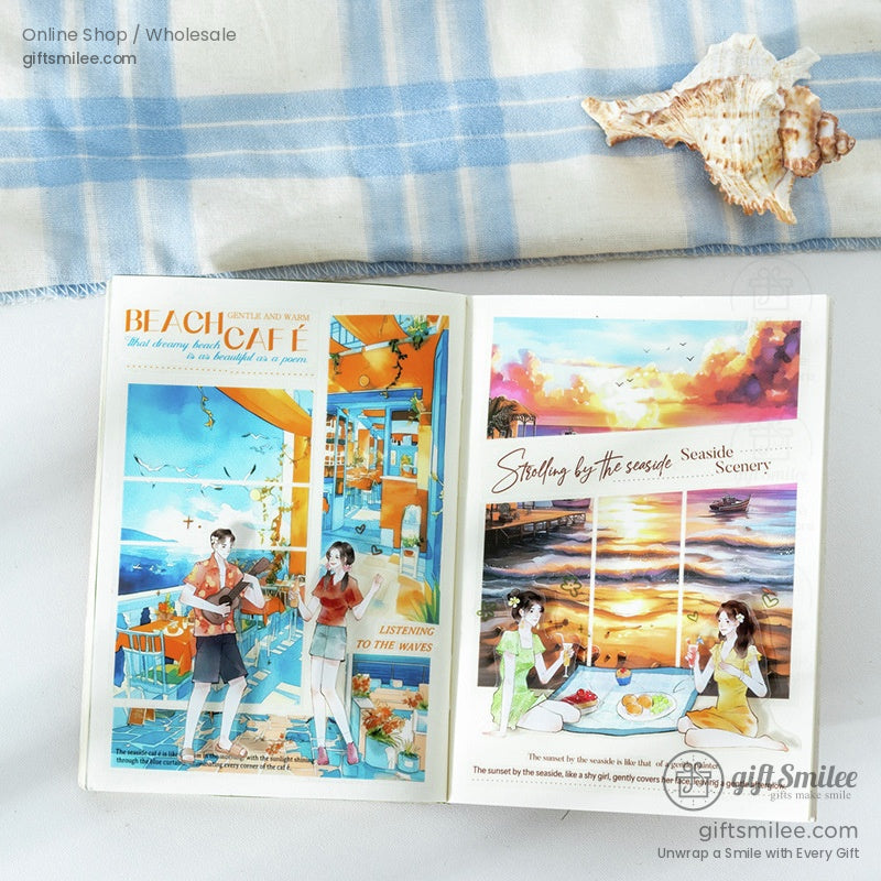 Sticker book pages featuring beach cafe and sunset picnic illustrations