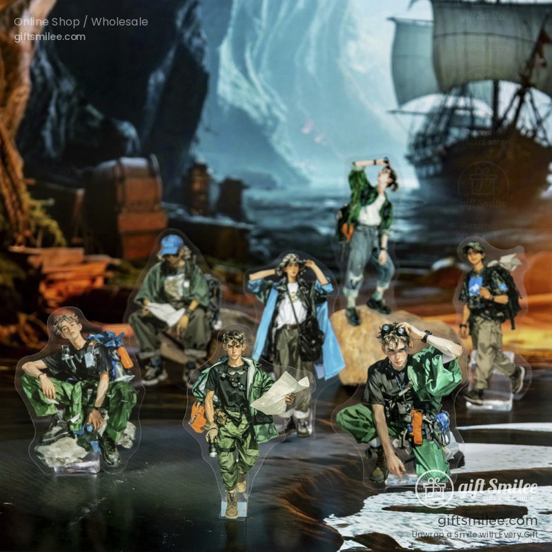 Adventure stickers arranged on a fantasy-themed background with pirate ships and treasure caves