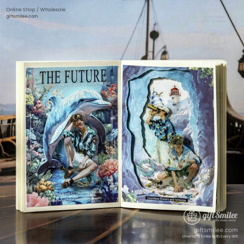 Open journal with stickers of explorers in ocean and lighthouse-themed settings for scrapbook inspiration