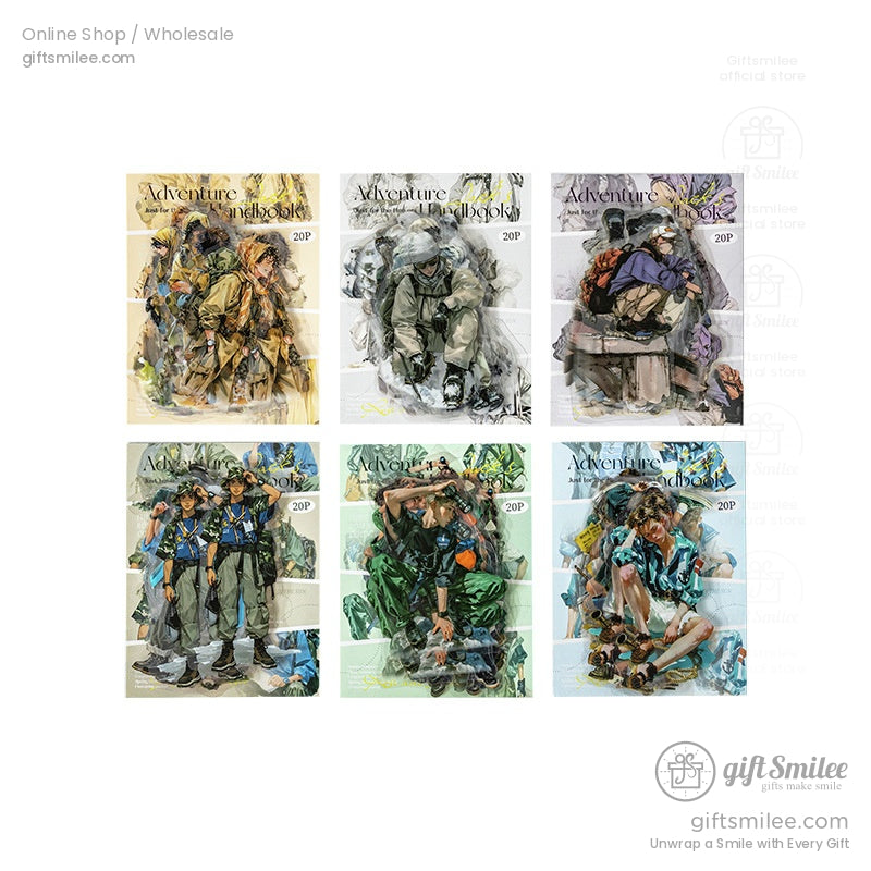 Full set of adventure character stickers showcasing various travel and nature-themed designs