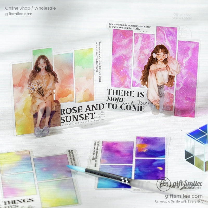 Close-up of Annie’s Colorful Mood stickers with vibrant watercolor designs and inspirational quotes