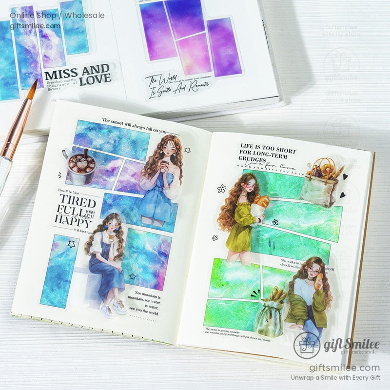 Open notebook decorated with Annie’s Colorful Mood stickers, showcasing creative journaling ideas