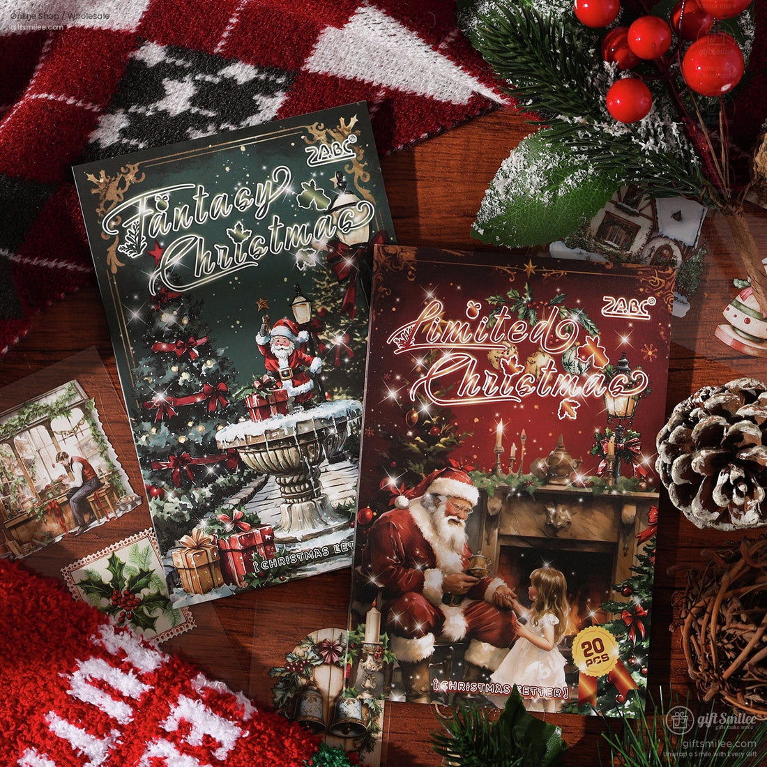 Two vintage Christmas sticker books titled Fantasy Christmas and Limited Christmas on a festive holiday table