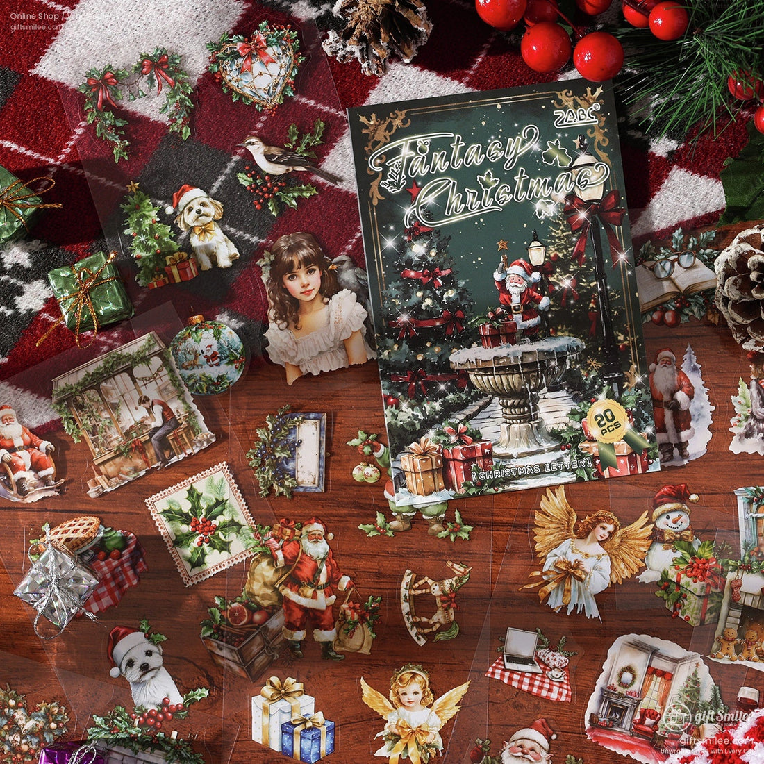 Two vintage Christmas sticker books titled Fantasy Christmas and Limited Christmas on a festive holiday table
