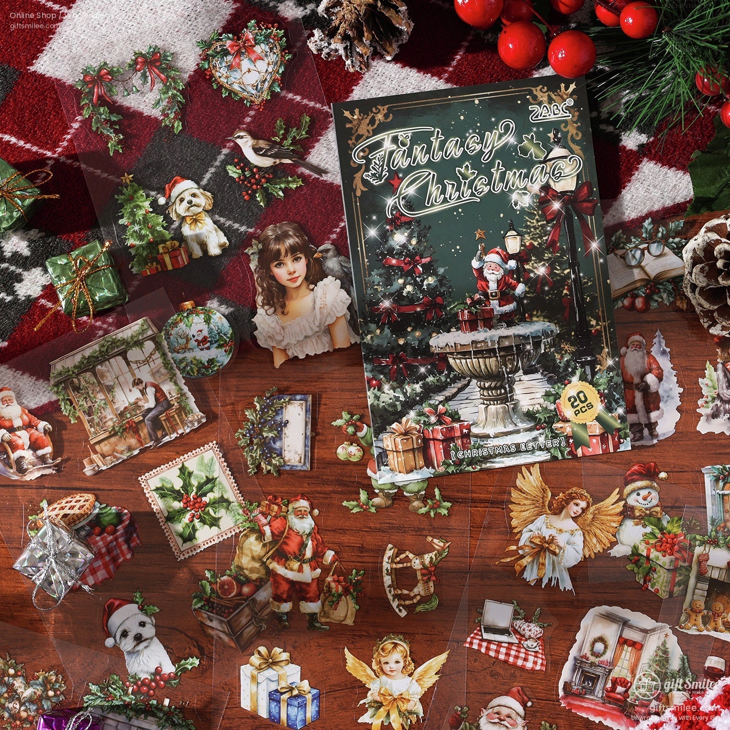 Open Fantasy Christmas sticker book with scattered retro Christmas stickers, including Santa, angels, and gifts