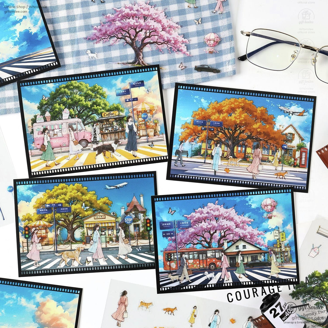 Spring-themed anime sticker featuring cherry blossoms and a traditional street scene with pastel colors