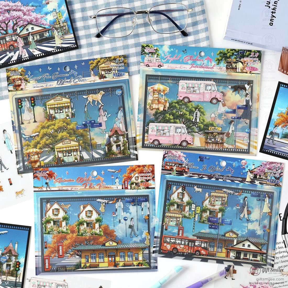 Spring-themed anime sticker featuring cherry blossoms and a traditional street scene with pastel colors