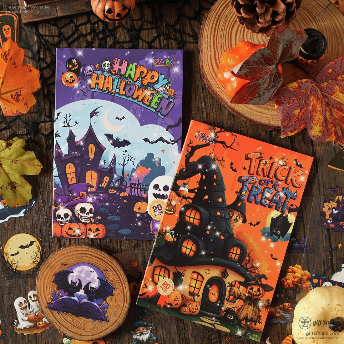 Happy Halloween sticker pack with haunted house and ghost illustrations