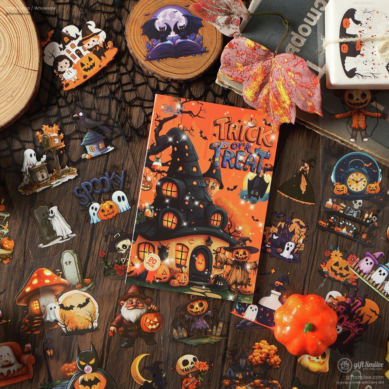 Trick or Treat sticker booklet on a festive Halloween-themed background