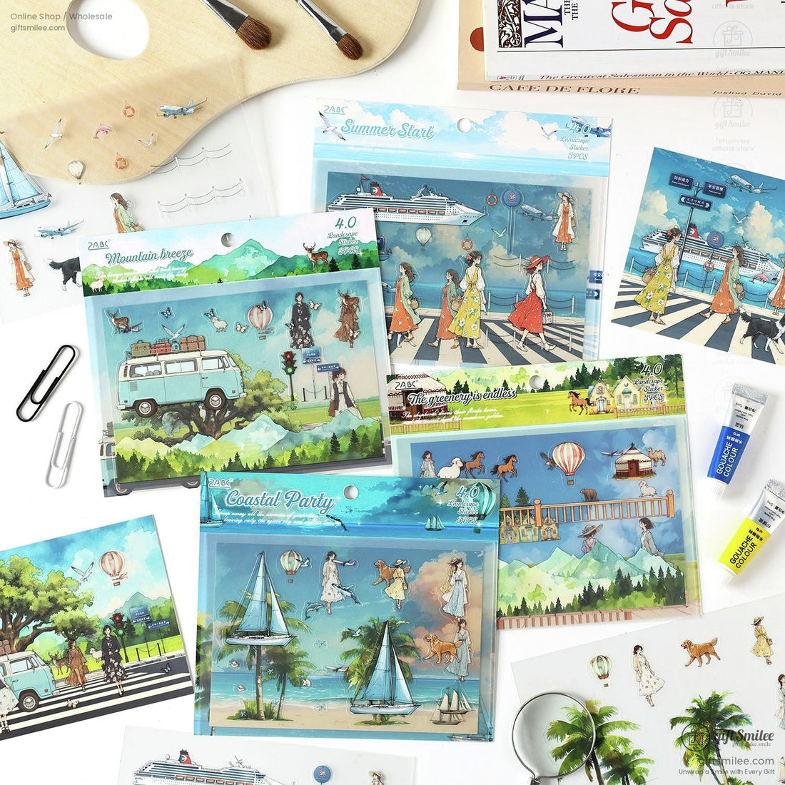 Travel-themed sticker set featuring coastal, mountain, and cruise designs with vibrant colors
