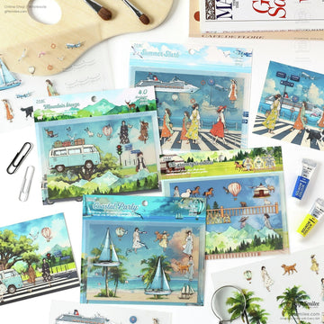 Travel-themed sticker set featuring coastal, mountain, and cruise designs with vibrant colors