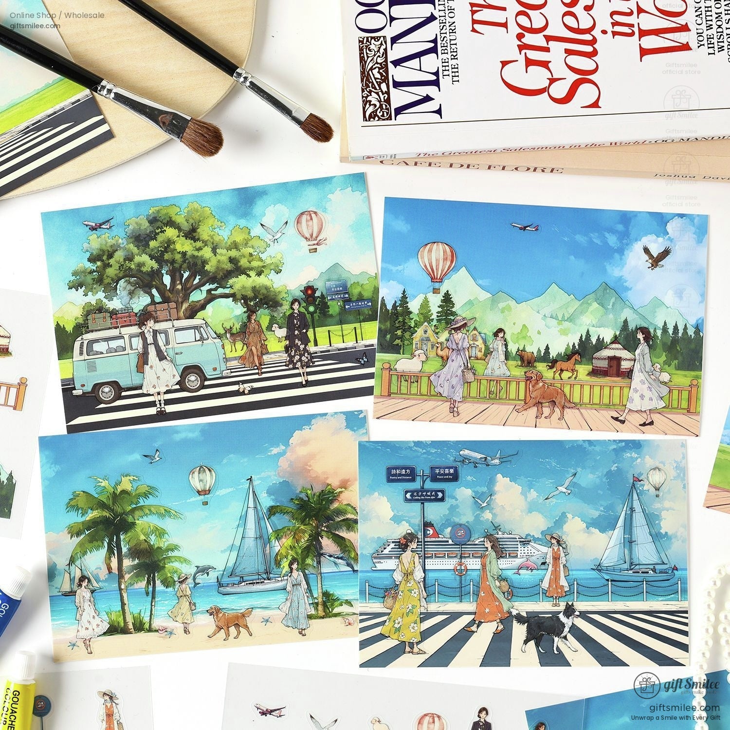 Scenic stickers showcasing a mix of tropical beaches, mountain landscapes, and city cruises