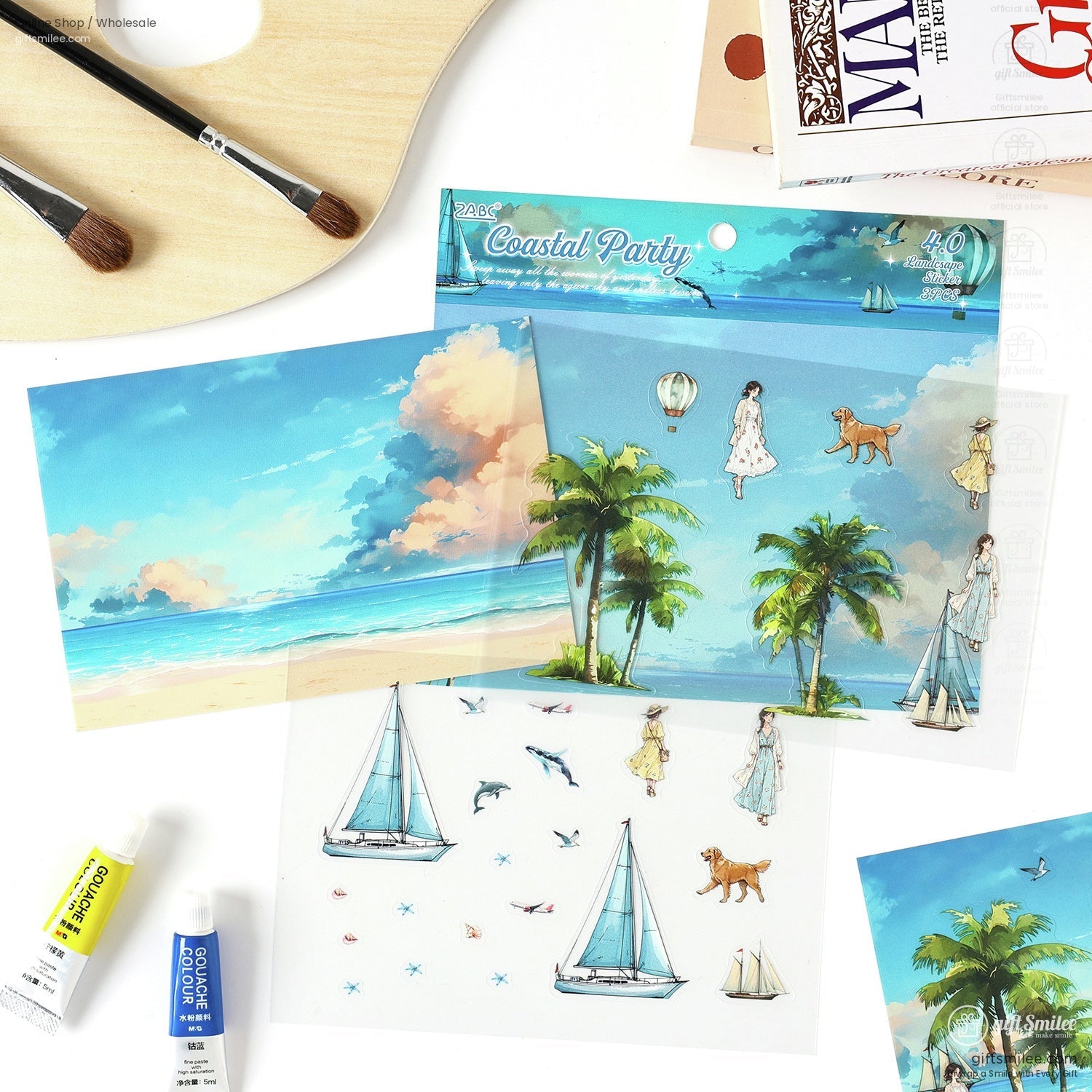 Transparent sticker sheet with hot air balloons, sailboats, and nature-inspired themes