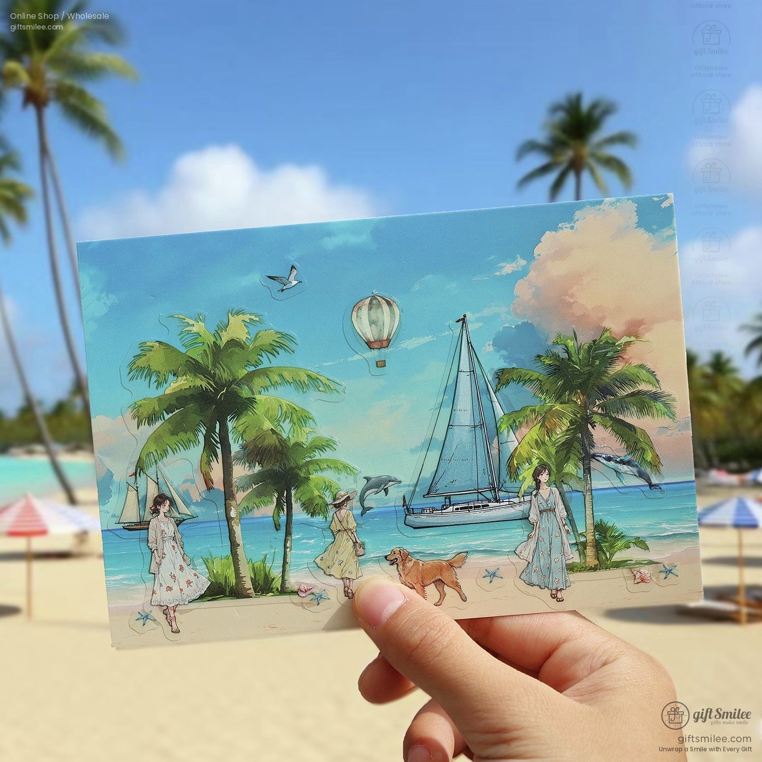 Coastal party sticker design featuring palm trees, yachts, and serene skies