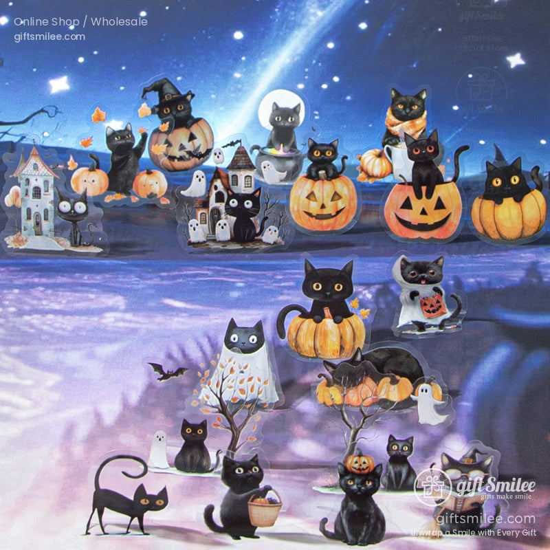 Black cat on a broom with a witch hat, surrounded by pumpkins and a magical book