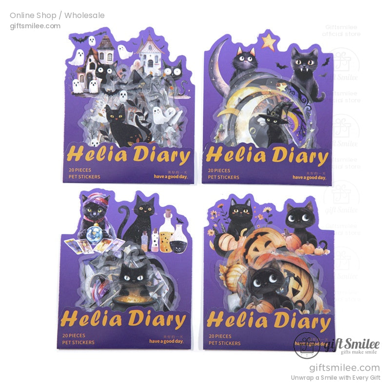 Packaged Halloween black cat sticker set featuring spooky themes and witchy vibes