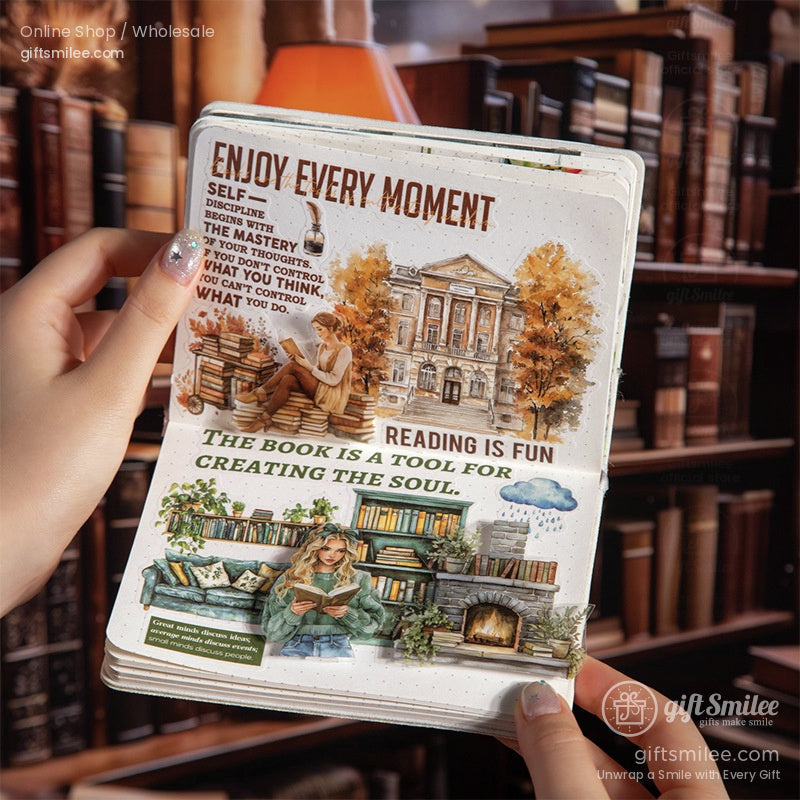 Aesthetic vintage stickers with cozy reading quotes and library scenes