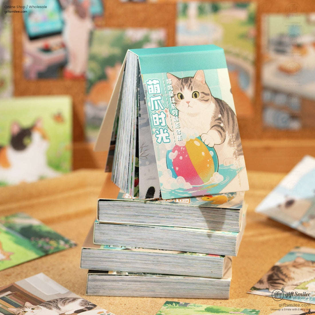 A set of cute cat illustration stickers featuring playful kittens in vibrant scenes