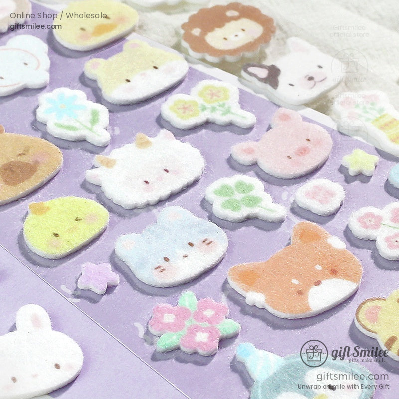 A set of Lovely Puppy and Bear Paradise animal-themed puffy stickers featuring cute dogs, bears, and pastel-colored designs
