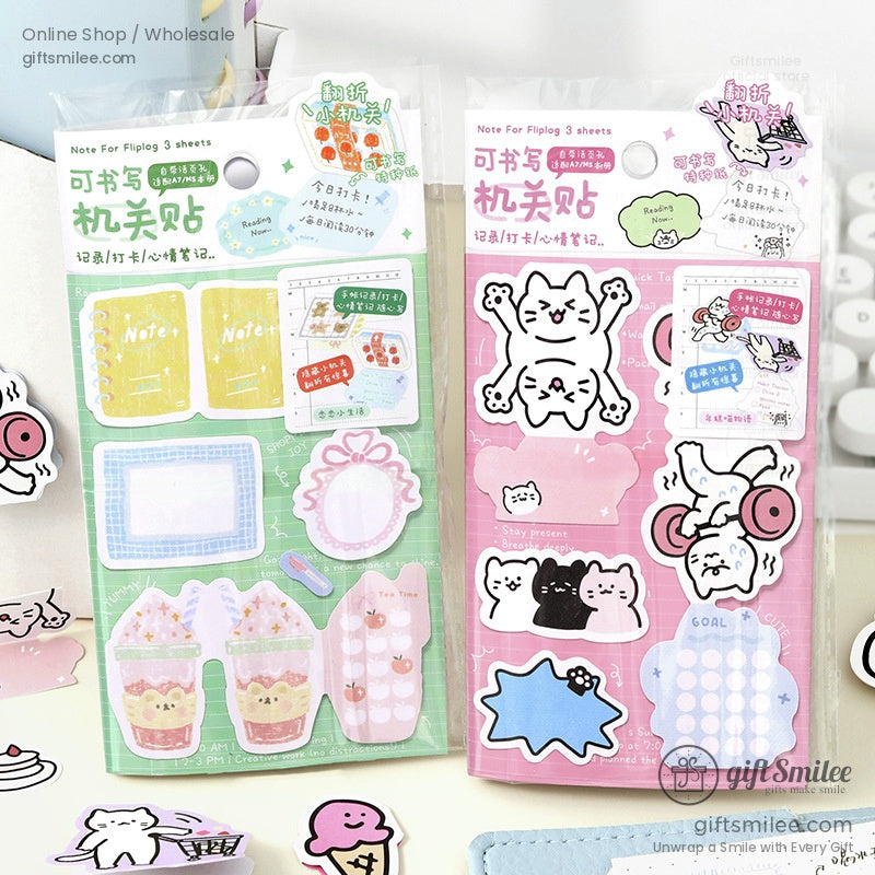 A set of kawaii cat stickers featuring adorable designs like cats lifting weights, drinking bubble tea, and lounging, perfect for planners or scrapbooks