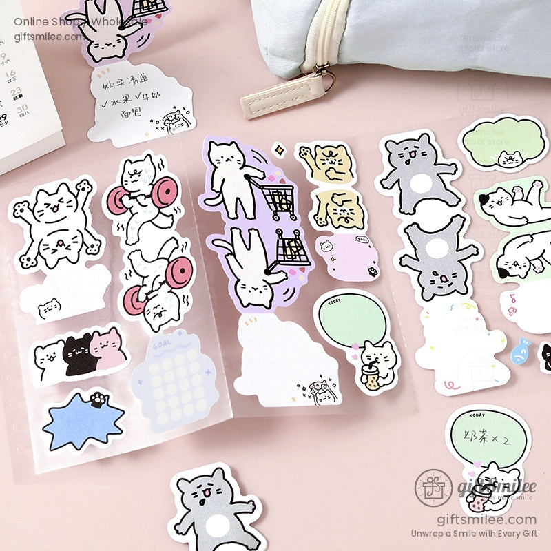 A set of kawaii cat stickers featuring adorable designs like cats lifting weights, drinking bubble tea, and lounging, perfect for planners or scrapbooks