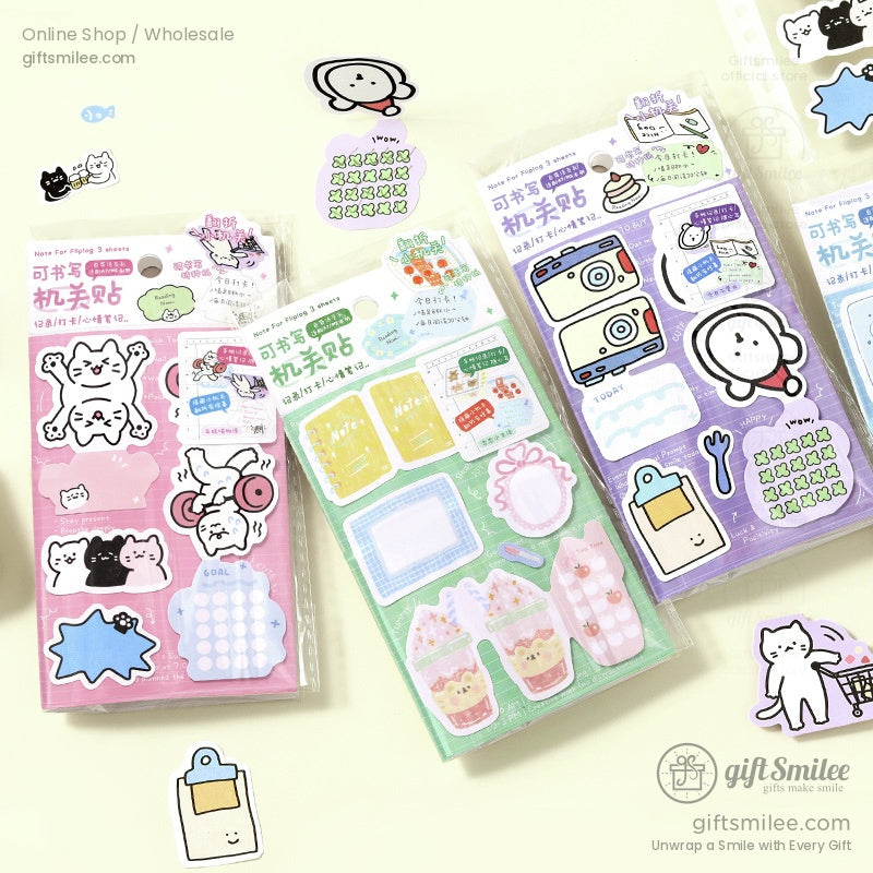 Various themed sticker packs, including cats, cameras, and cute objects, great for creative projects and planners