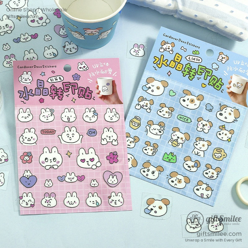 Bunny-themed crystal stickers against a pink grid background
