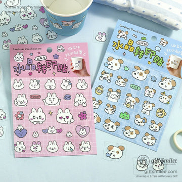 Bunny-themed crystal stickers against a pink grid background