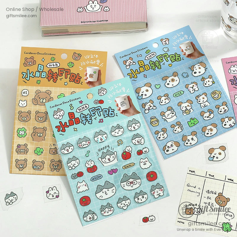 Bunny-themed crystal stickers against a pink grid background