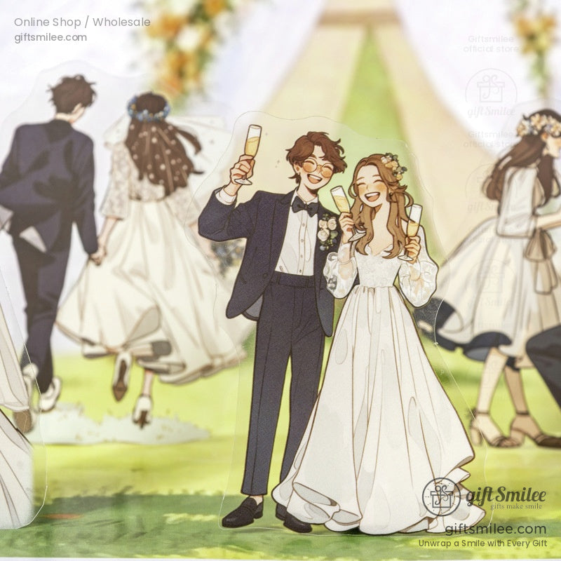 Romantic illustrated couple at a wedding, celebrating with champagne