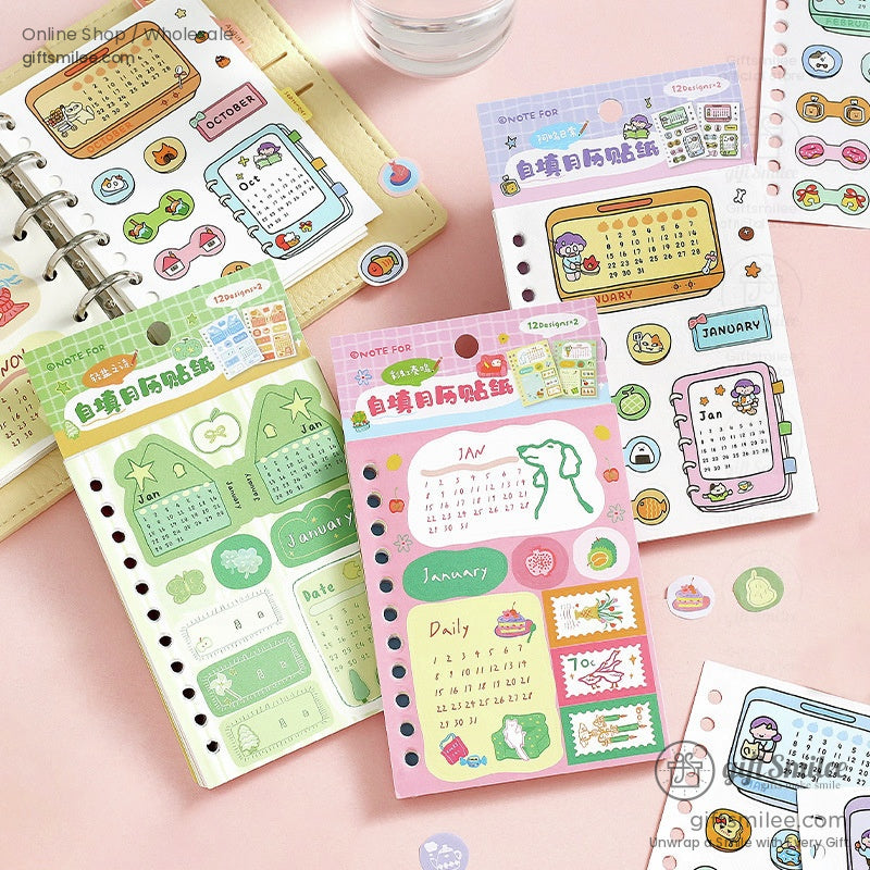 A set of pastel monthly planner stickers featuring various calendar designs and cute decorations displayed with an open planner