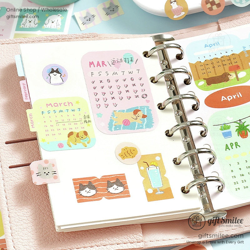March and April-themed pastel planner stickers with adorable illustrations of pets and plants