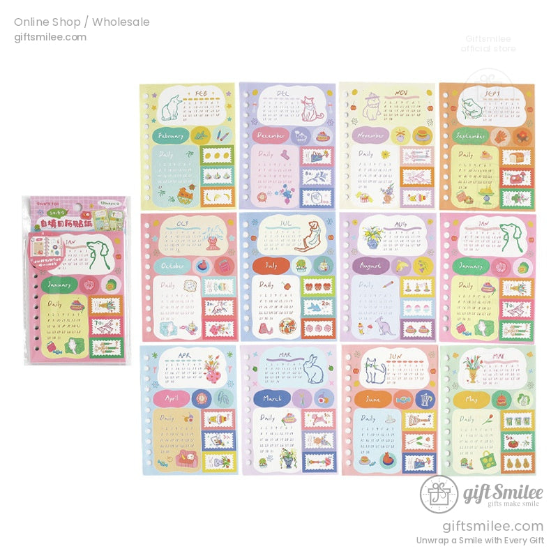 Full collection of 12-month pastel calendar stickers with playful and vibrant designs