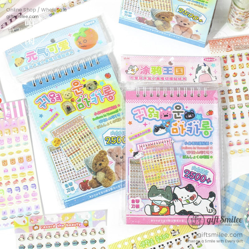A hand holding a fan of colorful, kawaii-themed sticker sheets featuring adorable characters, food icons, and patterns
