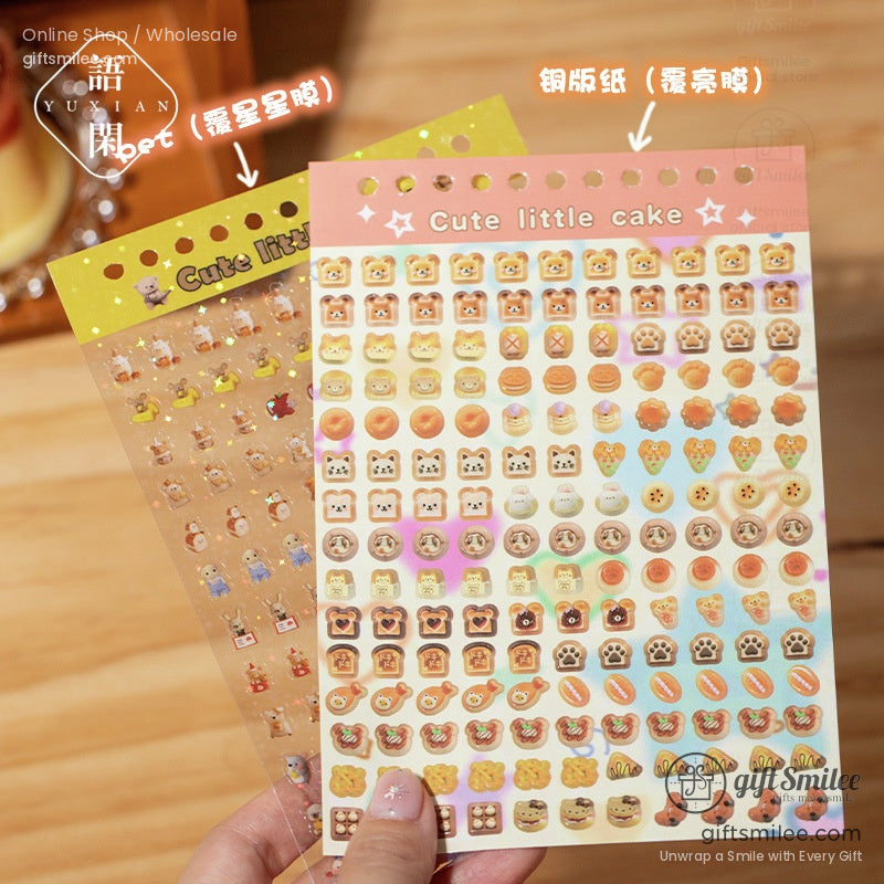 Close-up of kawaii food and animal stickers, showcasing cute pastries, animal faces, and decorative icons